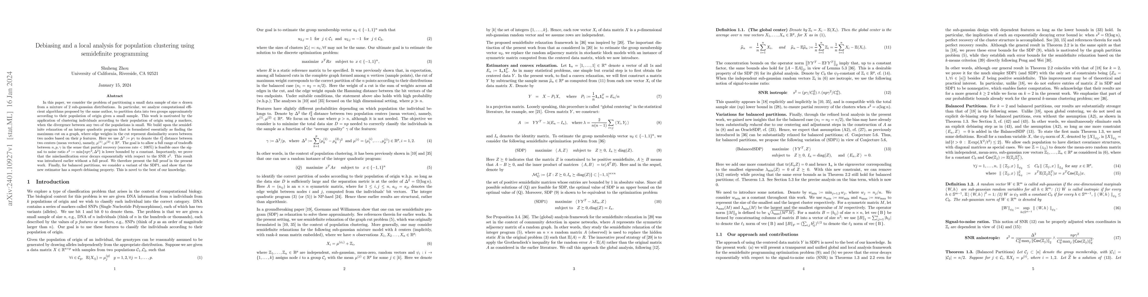 Thumbnail for Debiasing and a local analysis for population clustering using
  semidefinite programming