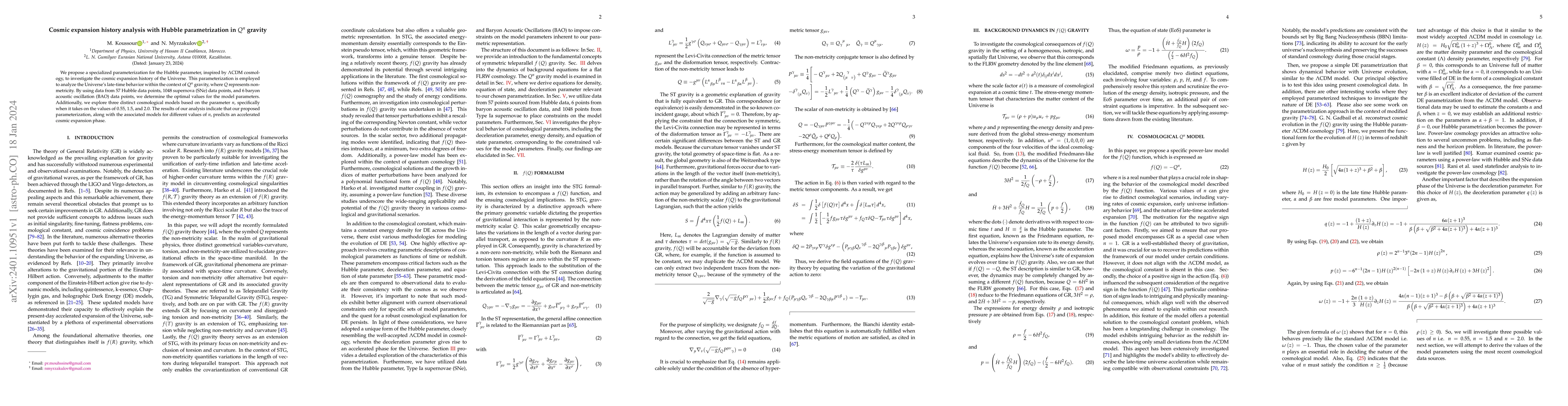 Thumbnail for Cosmic expansion history analysis with Hubble parametrization in $Q^{n}$
  gravity
