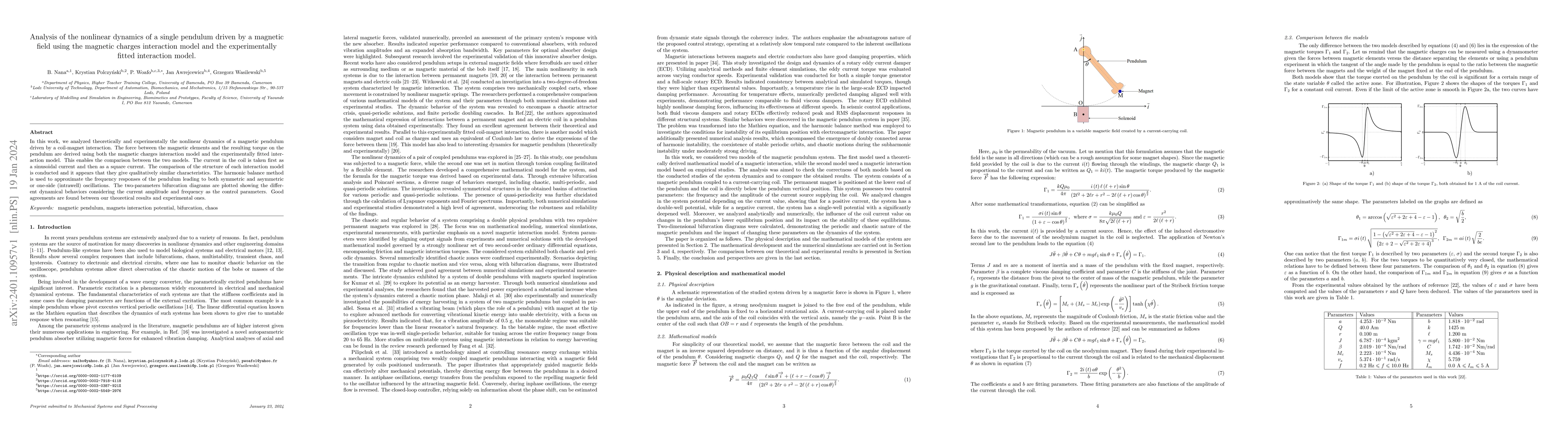 Thumbnail for Analysis of the nonlinear dynamics of a single pendulum driven by a
  magnetic field using the magnetic charges interaction model and the
  experimentally fitted interaction model