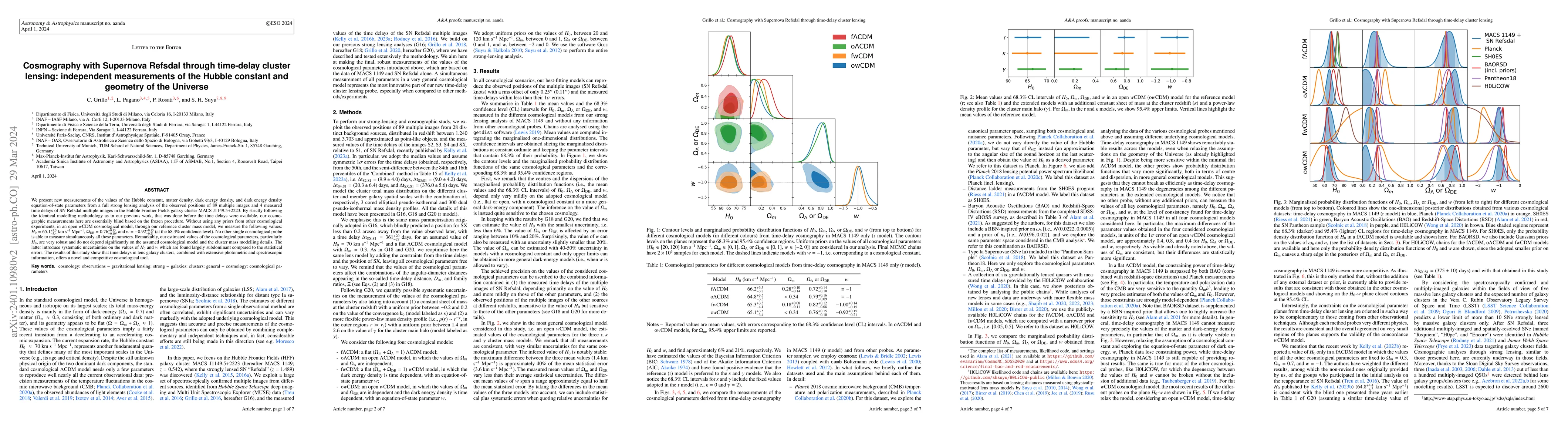 Thumbnail for Cosmography with Supernova Refsdal through time-delay cluster lensing:
  independent measurements of the Hubble constant and geometry of the Universe