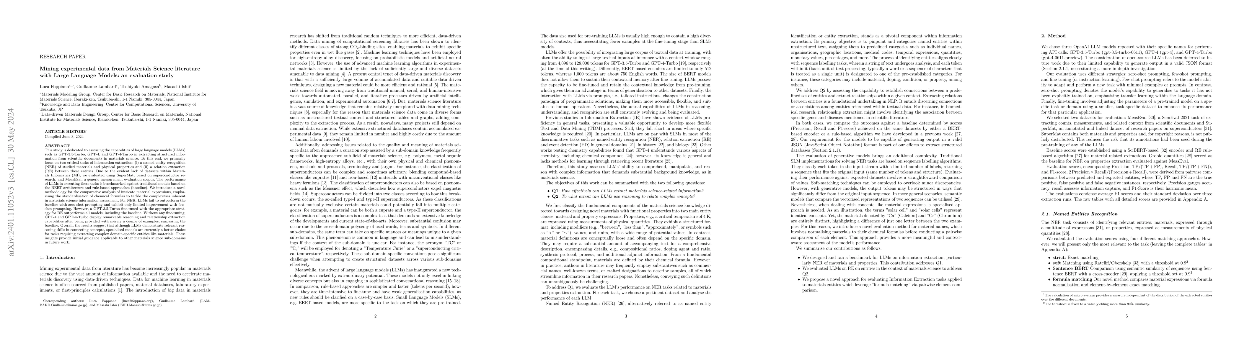 Thumbnail for Mining experimental data from Materials Science literature with Large
  Language Models: an evaluation study