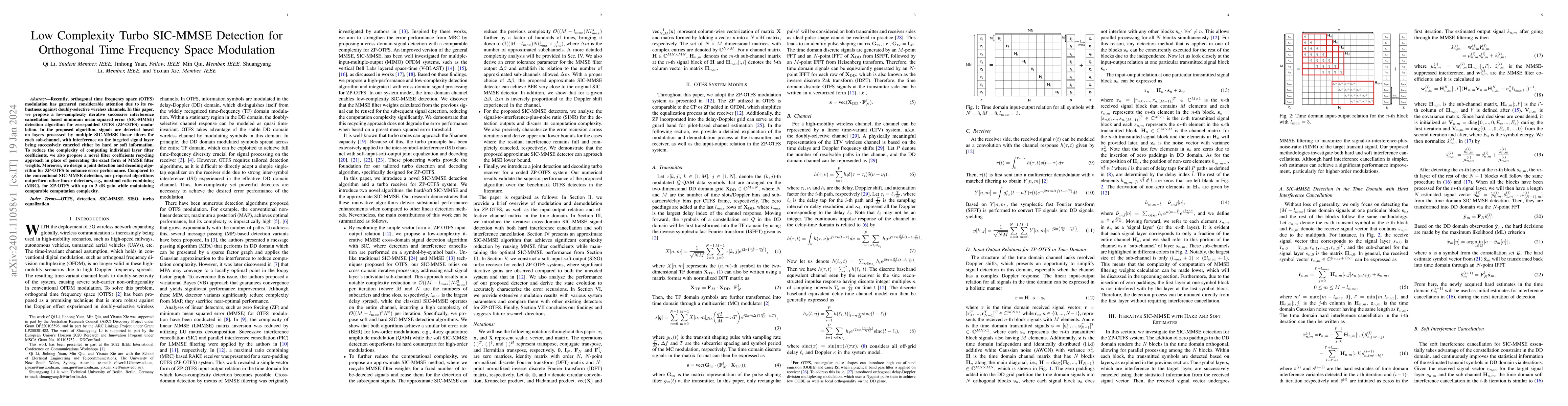 Thumbnail for Low Complexity Turbo SIC-MMSE Detection for Orthogonal Time Frequency
  Space Modulation