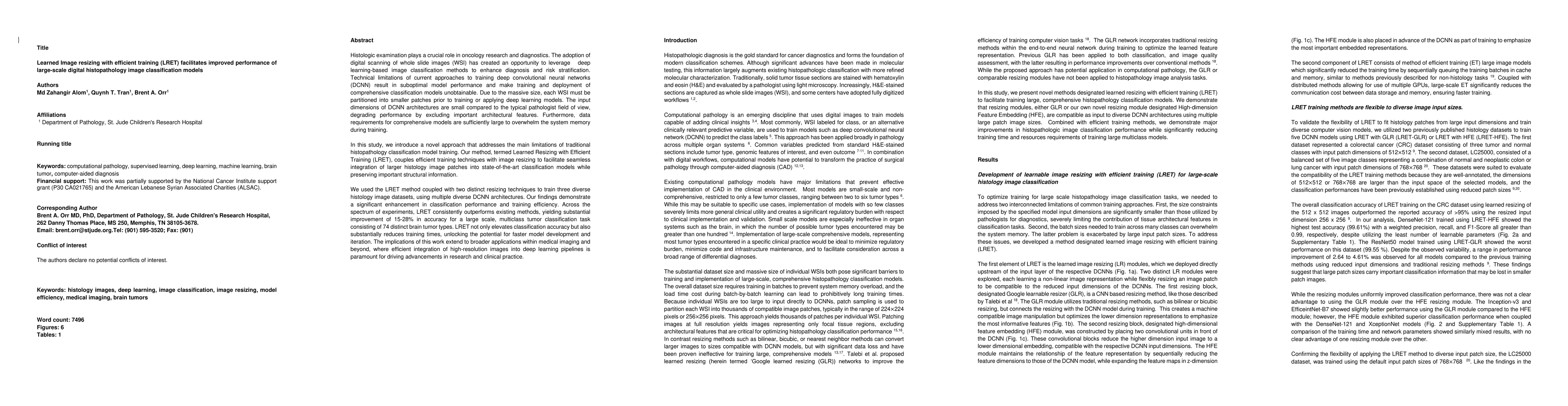 Thumbnail for Learned Image resizing with efficient training (LRET) facilitates
  improved performance of large-scale digital histopathology image
  classification models