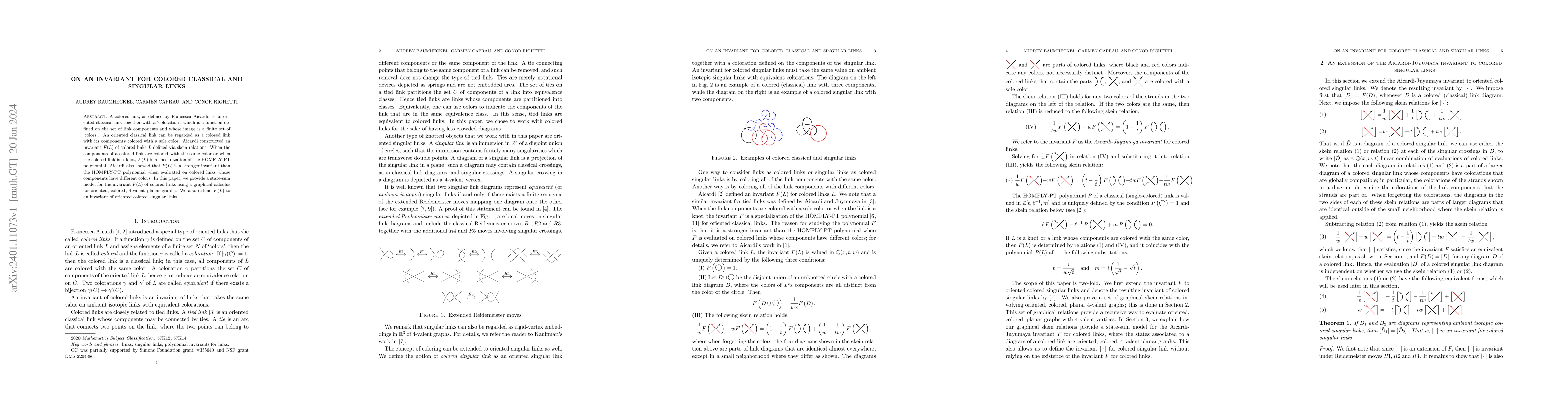Thumbnail for On an invariant for colored classical and singular links
