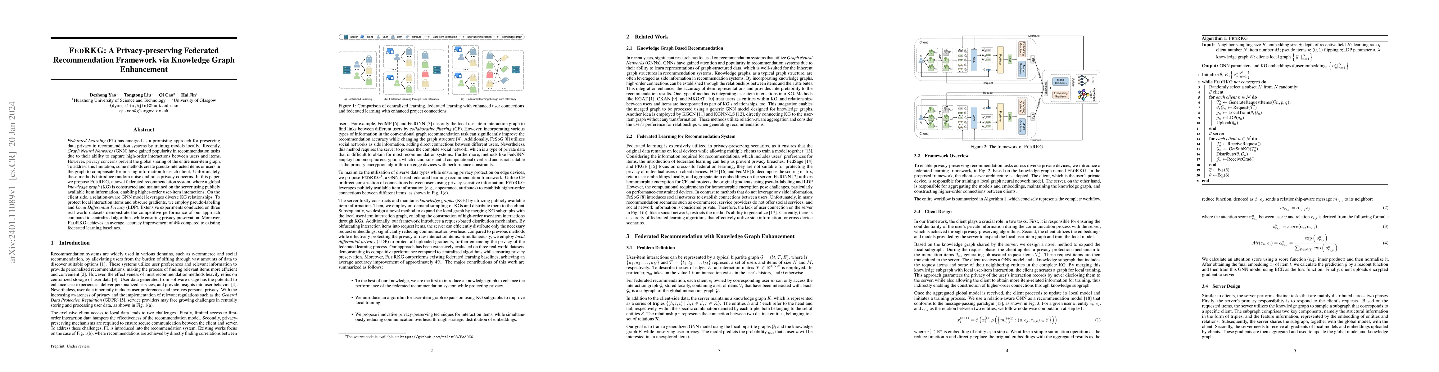 Thumbnail for FedRKG: A Privacy-preserving Federated Recommendation Framework via
  Knowledge Graph Enhancement