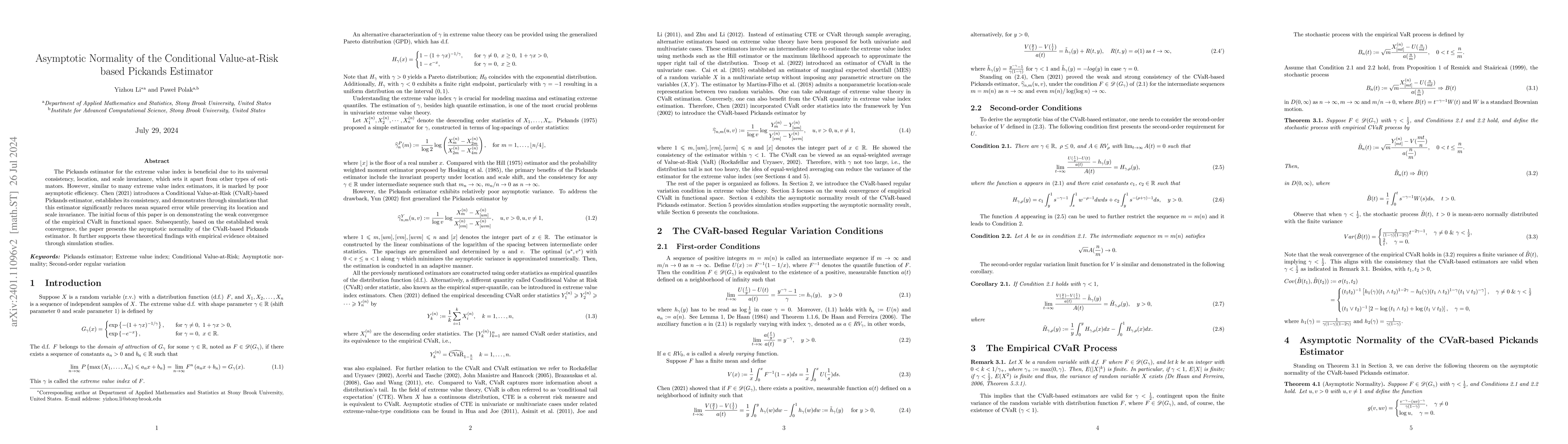 Thumbnail for Asymptotic Normality of the Conditional Value-at-Risk based Pickands
  Estimator