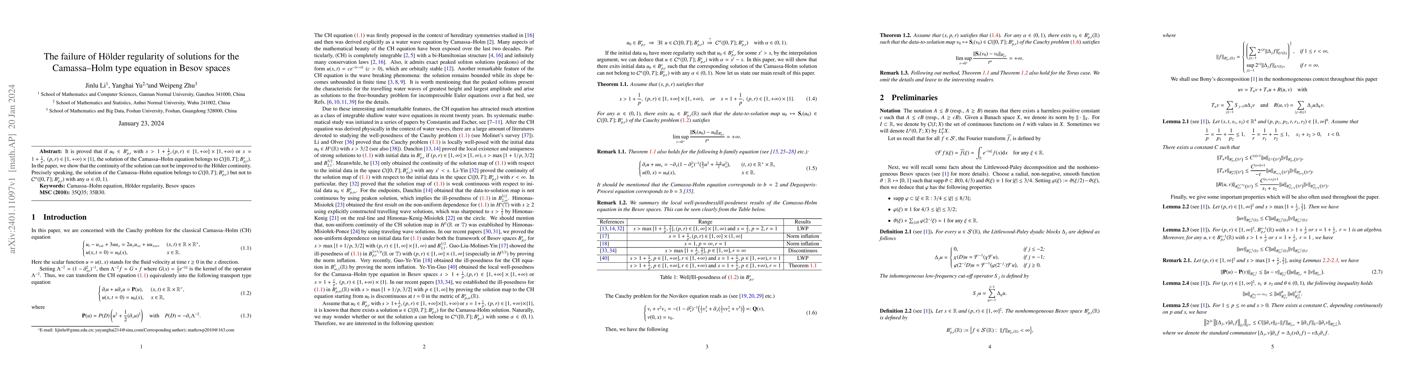Thumbnail for The failure of H\"{o}lder regularity of solutions for the Camassa--Holm
  type equation in Besov spaces