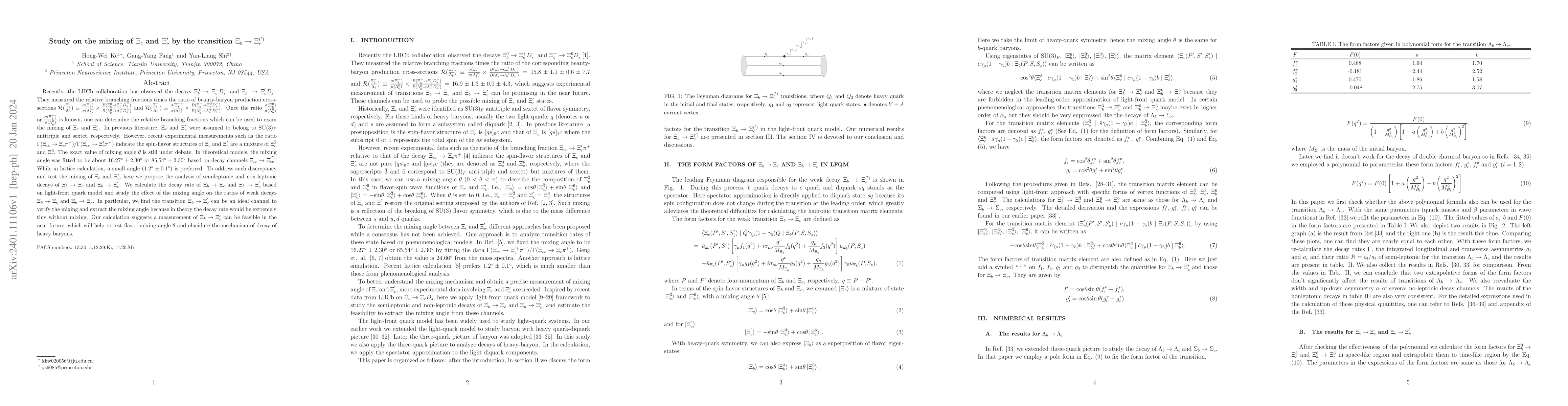 Thumbnail for Study on the mixing of $\Xi_c$ and $\Xi'_c$ by the transition
  $\Xi_{b}\to\Xi^{(')}_c$