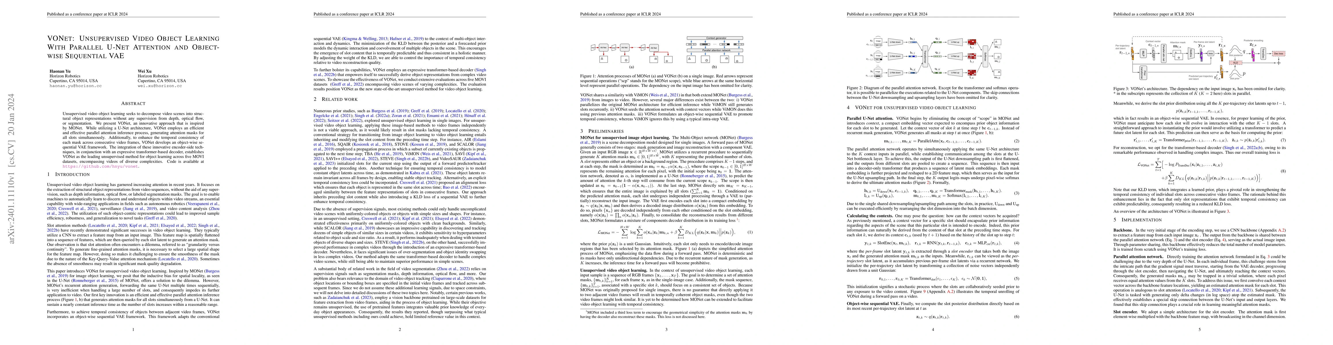 Thumbnail for VONet: Unsupervised Video Object Learning With Parallel U-Net Attention
  and Object-wise Sequential VAE