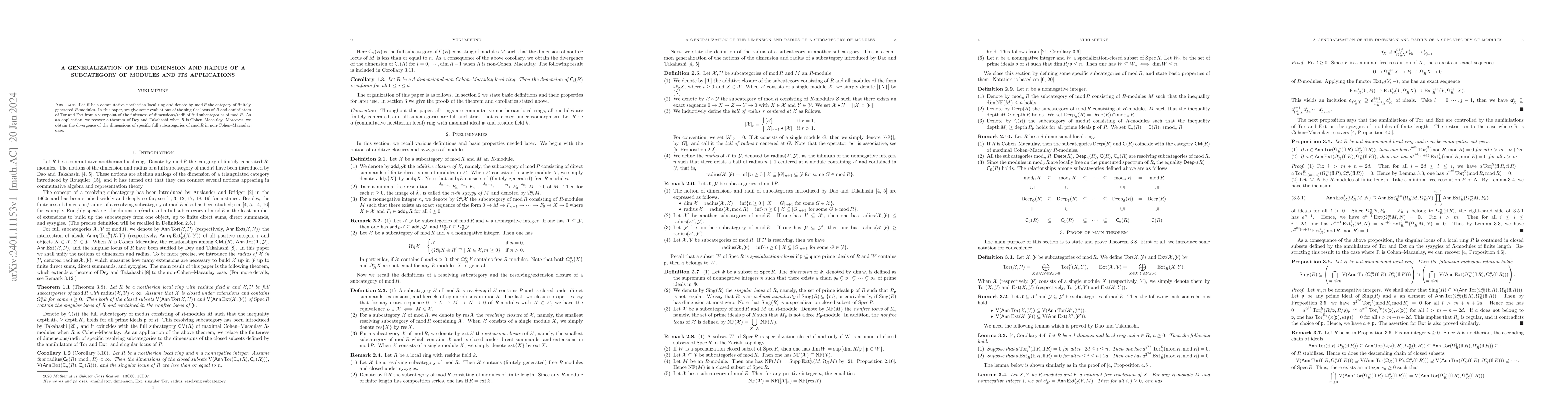 Thumbnail for A generalization of the dimension and radius of a subcategory of modules
  and its applications