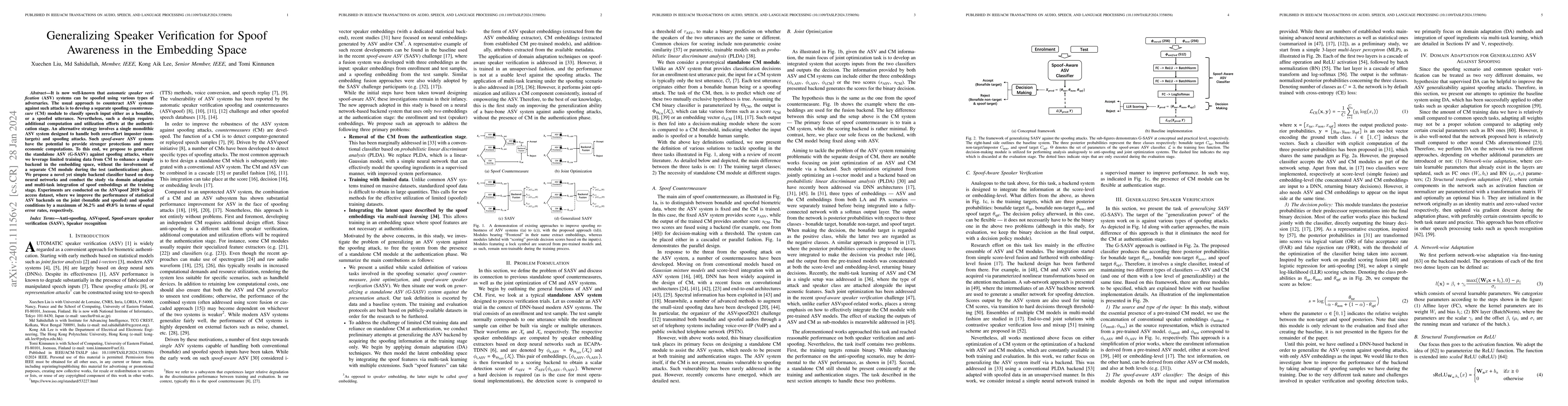 Thumbnail for Generalizing Speaker Verification for Spoof Awareness in the Embedding
  Space