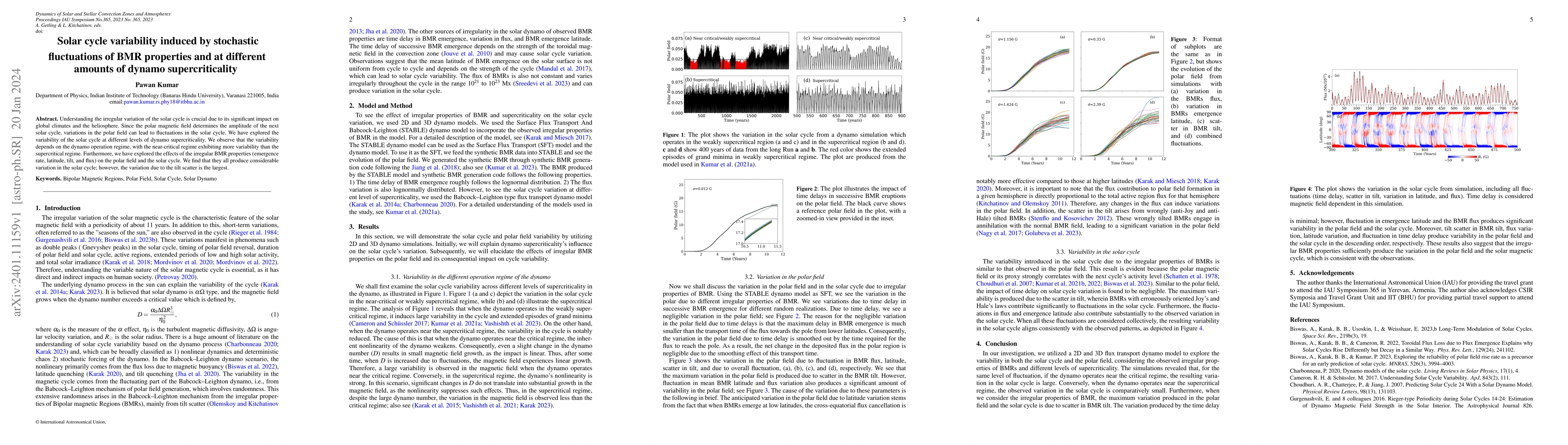 Thumbnail for Solar cycle variability induced by stochastic fluctuations of BMR
  properties and at different amounts of dynamo supercriticality