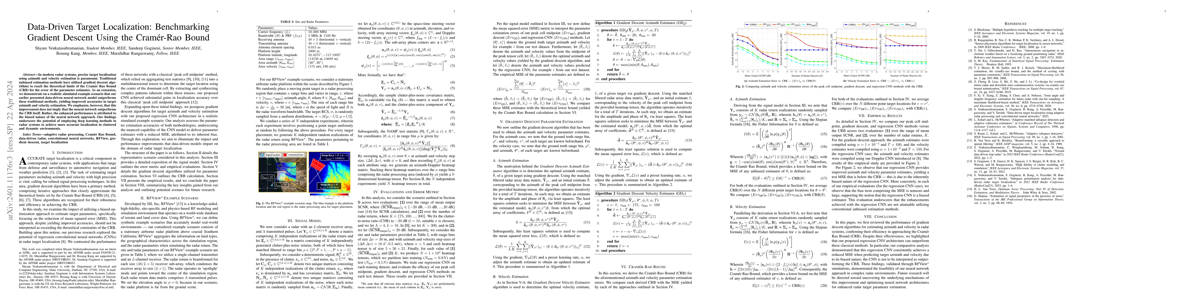 Thumbnail for Data-Driven Target Localization: Benchmarking Gradient Descent Using the
  Cramer-Rao Bound