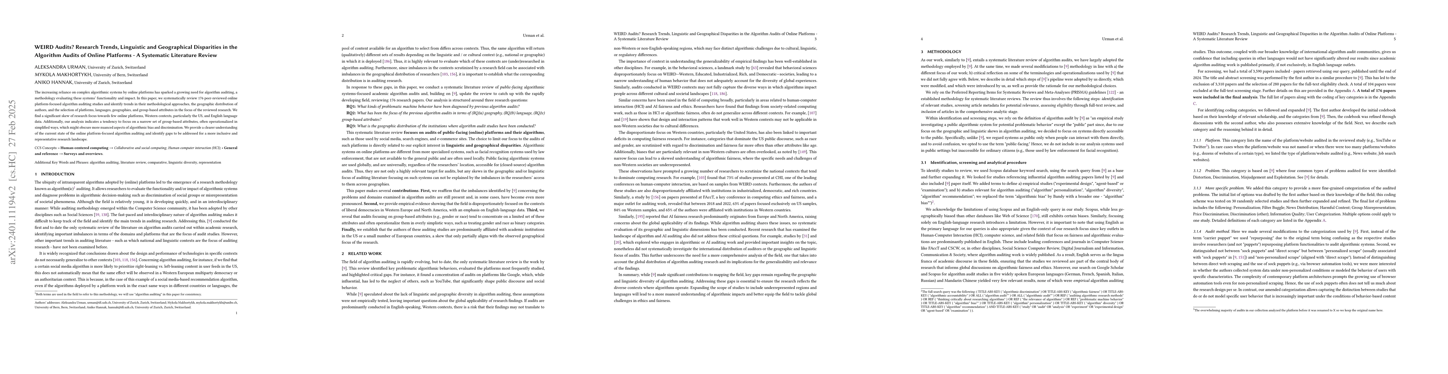 Thumbnail for Mapping the Field of Algorithm Auditing: A Systematic Literature Review
  Identifying Research Trends, Linguistic and Geographical Disparities
