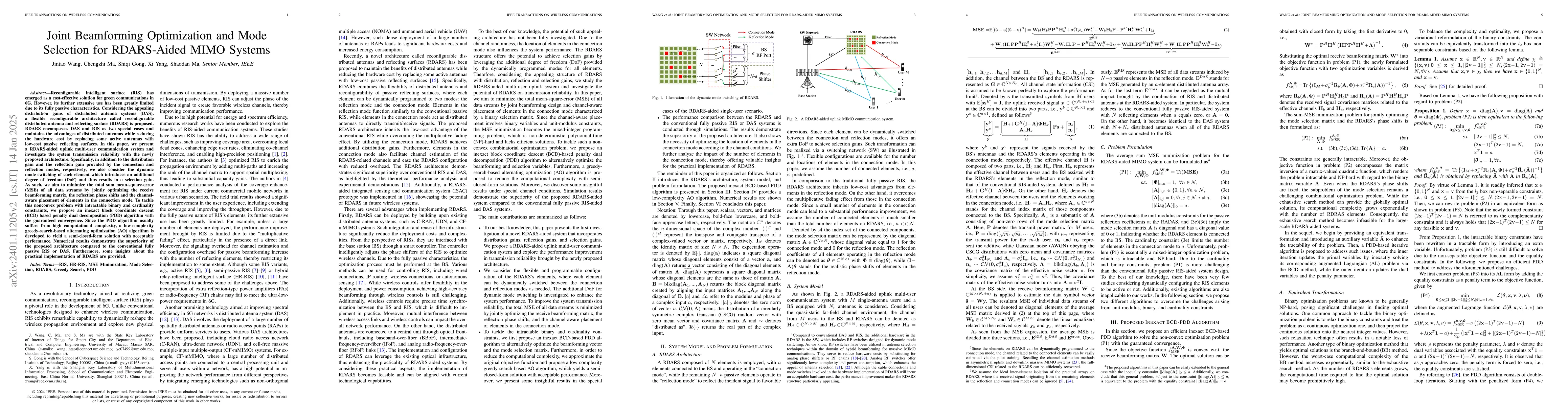 Thumbnail for Joint Beamforming Optimization and Mode Selection for RDARS-aided MIMO
  Systems