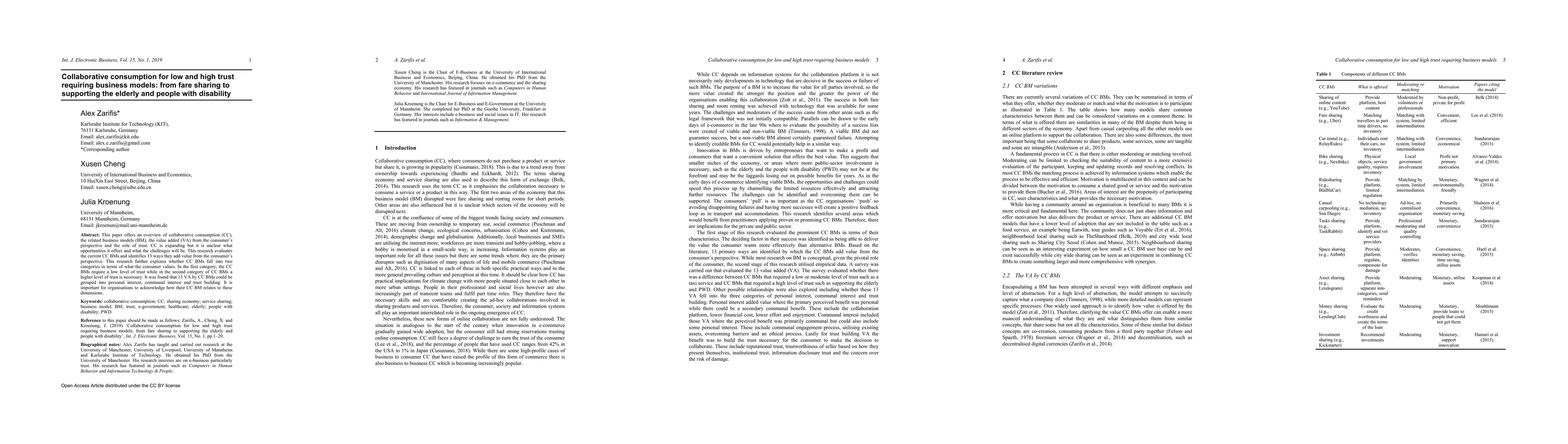 Thumbnail for Collaborative consumption for low and high trust requiring business
  models: from fare sharing to supporting the elderly and people with
  disability