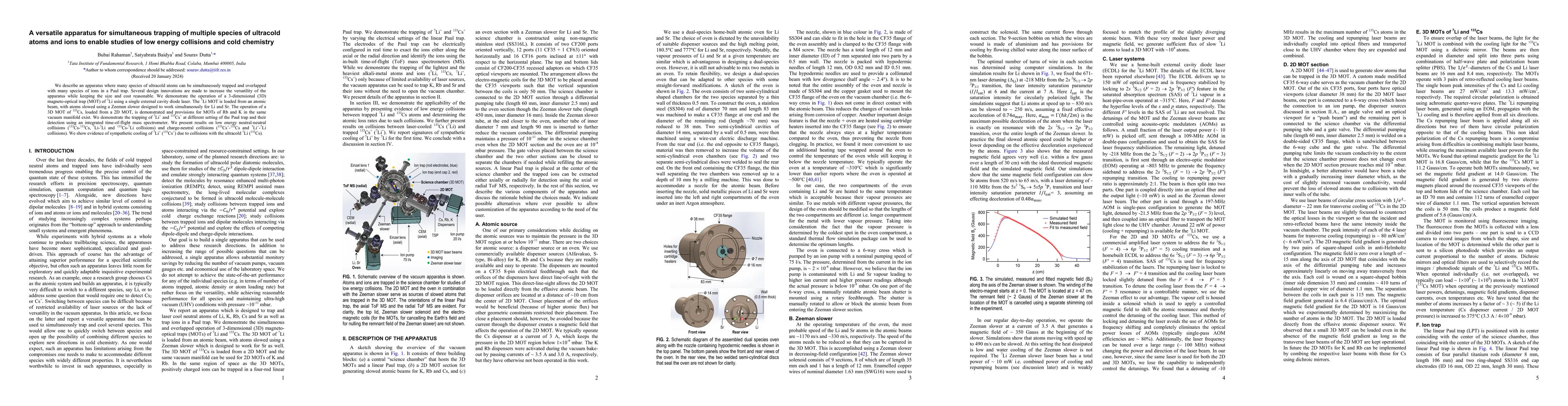 Thumbnail for A versatile apparatus for simultaneous trapping of multiple species of
  ultracold atoms and ions to enable studies of low energy collisions and cold
  chemistry