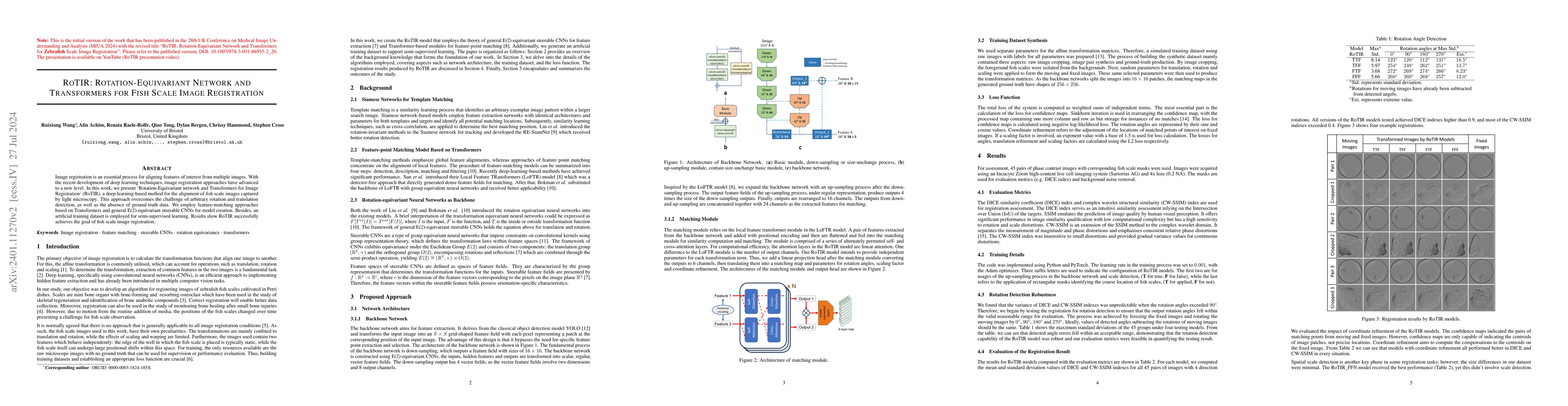 Thumbnail for RoTIR: Rotation-Equivariant Network and Transformers for Fish Scale
  Image Registration
