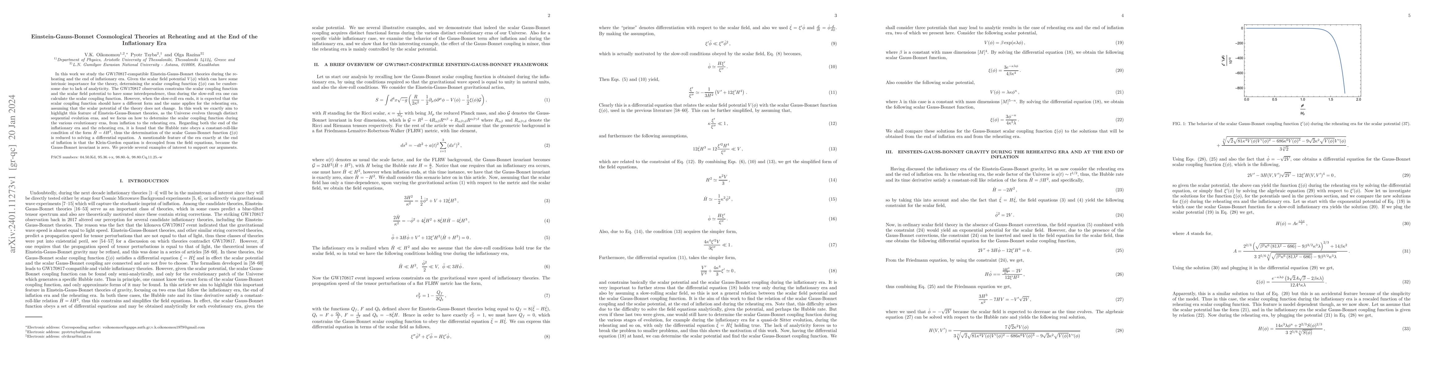 Thumbnail for Einstein-Gauss-Bonnet Cosmological Theories at Reheating and at the End
  of the Inflationary Era