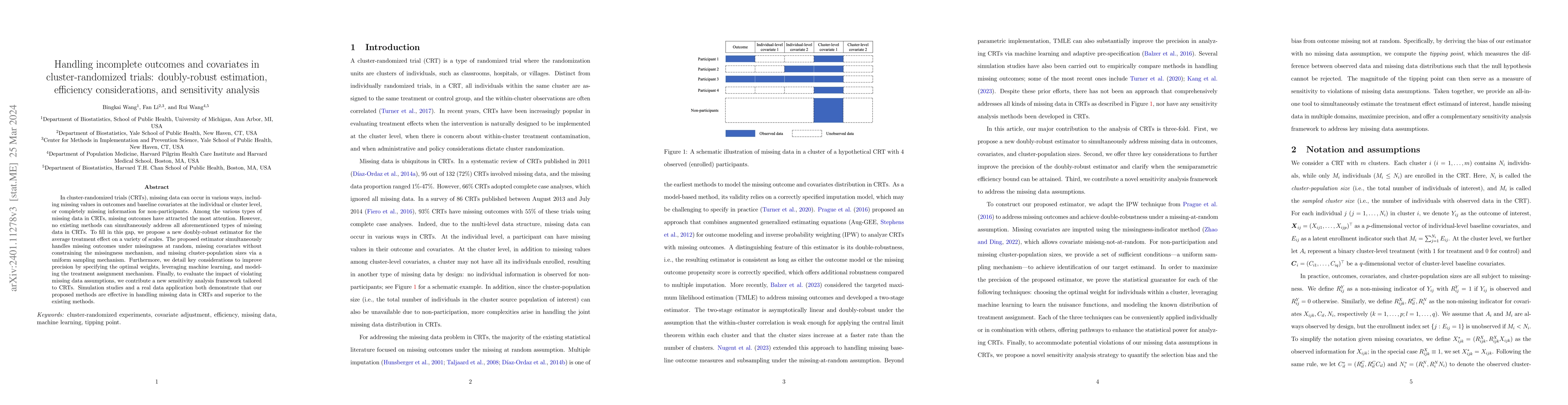 Thumbnail for Handling incomplete outcomes and covariates in cluster-randomized
  trials: doubly-robust estimation, efficiency considerations, and sensitivity
  analysis