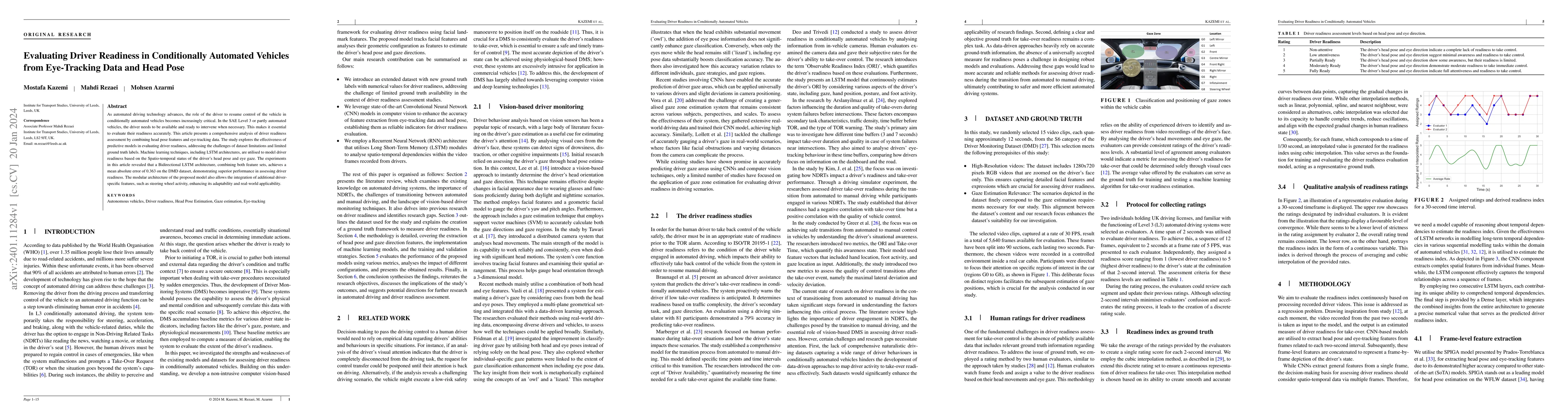 Thumbnail for Evaluating Driver Readiness in Conditionally Automated Vehicles from
  Eye-Tracking Data and Head Pose