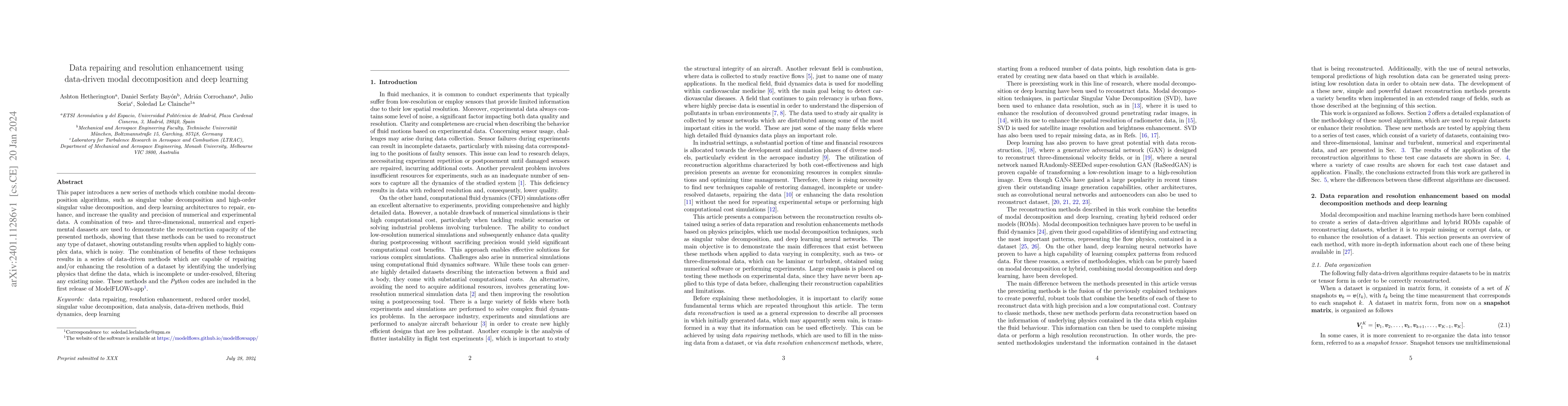 Thumbnail for Data repairing and resolution enhancement using data-driven modal
  decomposition and deep learning