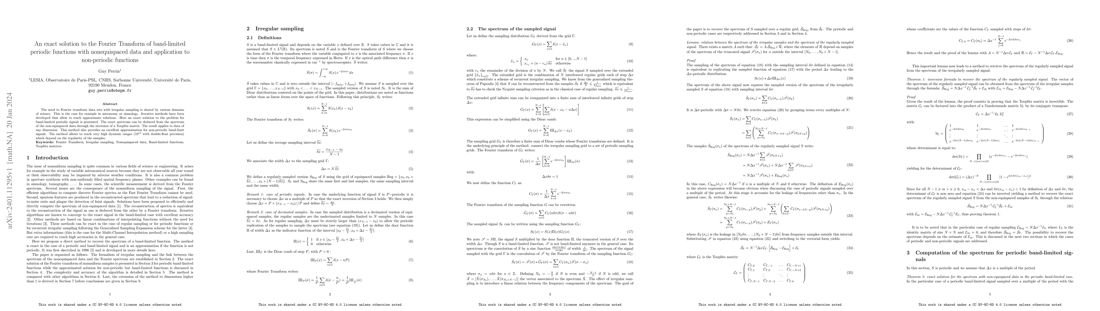 Thumbnail for An exact solution to the Fourier Transform of band-limited periodic
  functions with nonequispaced data and application to non-periodic functions