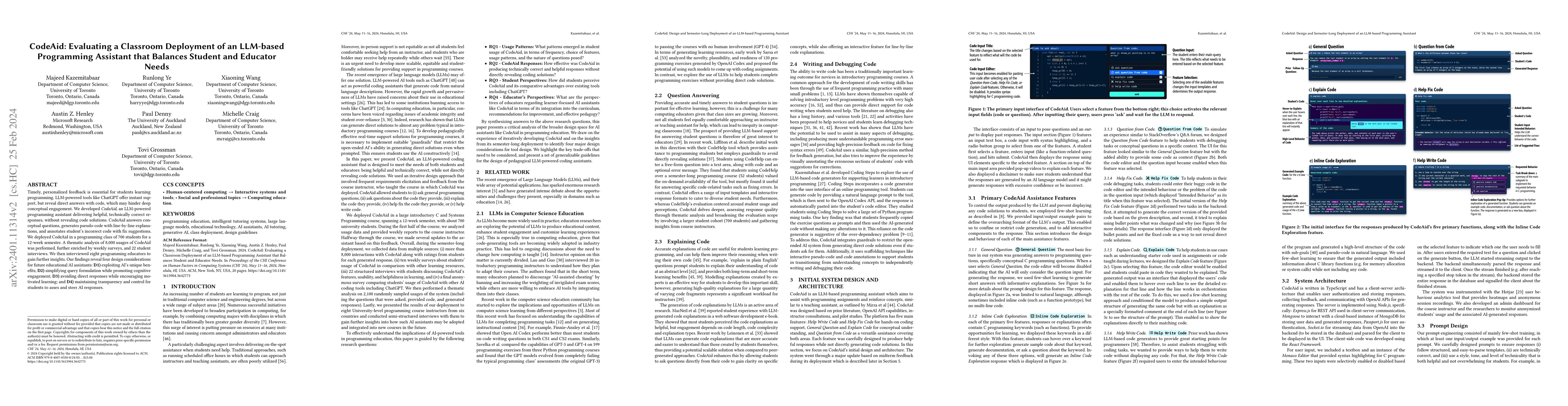Thumbnail for CodeAid: Evaluating a Classroom Deployment of an LLM-based Programming
  Assistant that Balances Student and Educator Needs