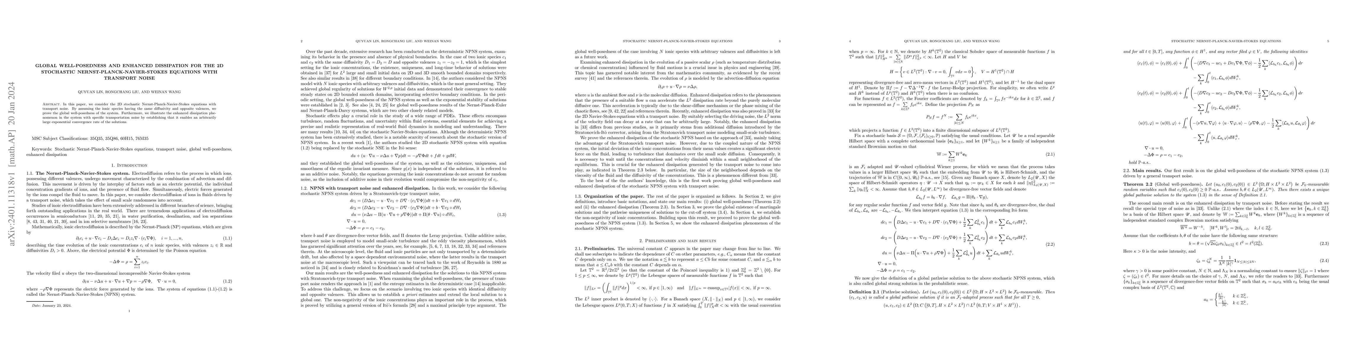 Thumbnail for Global well-posedness and enhanced dissipation for the 2D stochastic
  Nernst-Planck-Navier-Stokes equations with transport noise