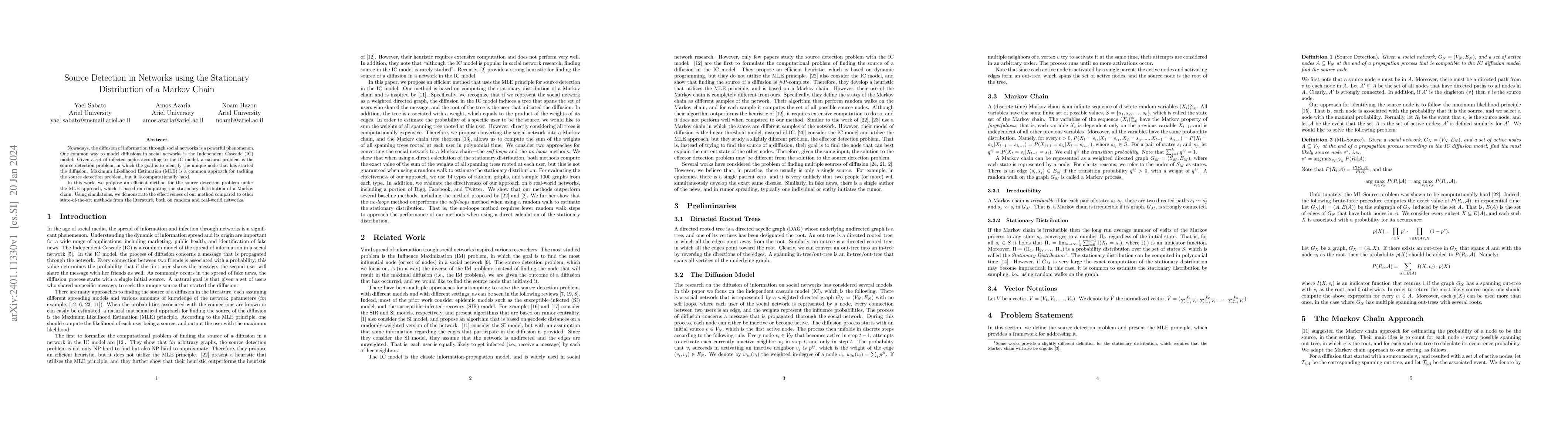 Thumbnail for Source Detection in Networks using the Stationary Distribution of a
  Markov Chain