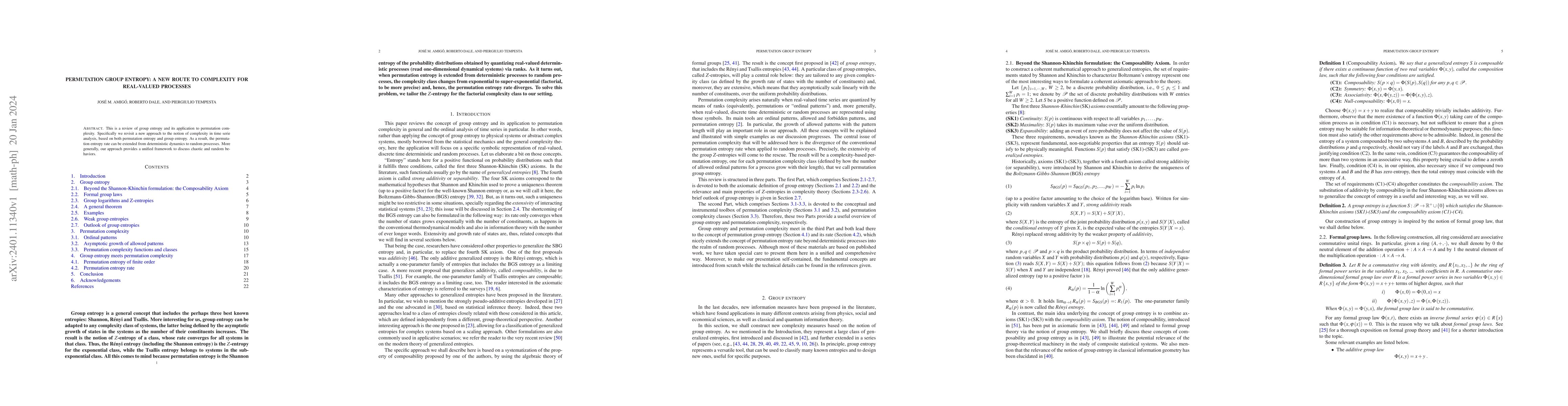 Thumbnail for Permutation group entropy: a new route to complexity for real-valued
  processes