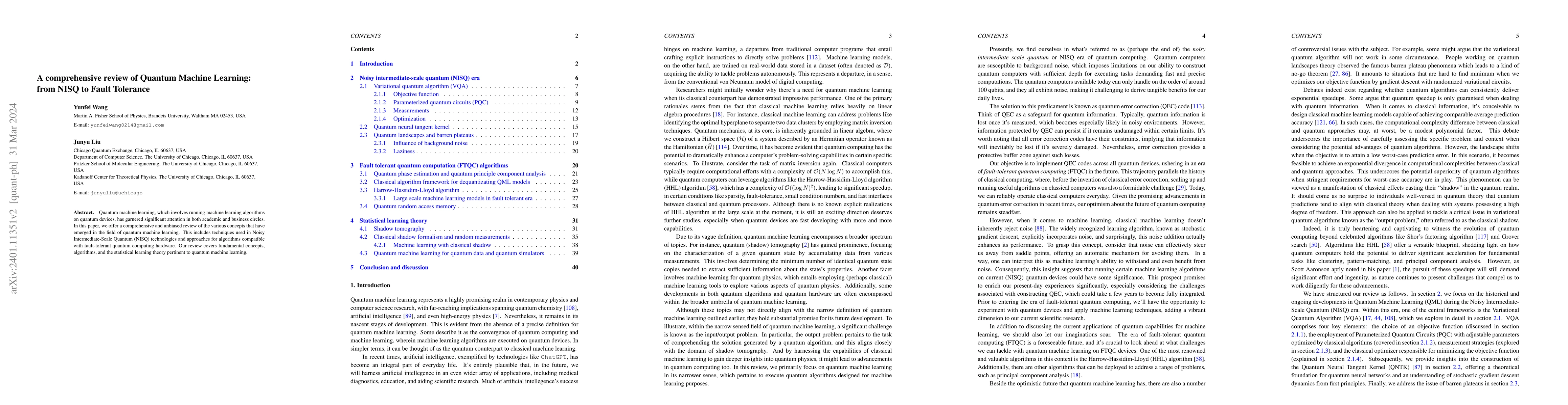Thumbnail for A comprehensive review of Quantum Machine Learning: from NISQ to Fault
  Tolerance