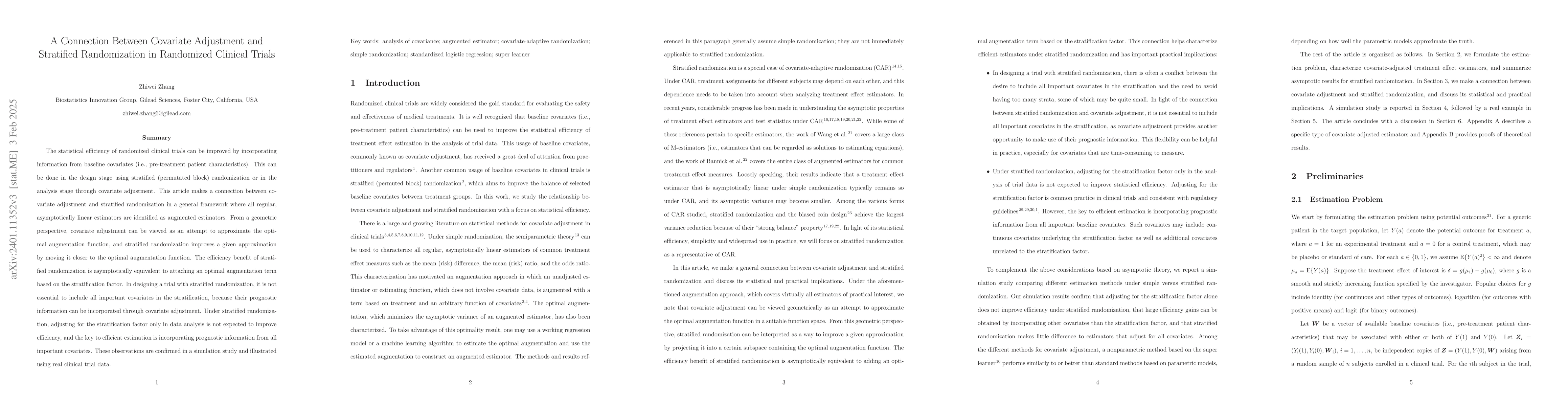 Thumbnail for A Connection Between Covariate Adjustment and Stratified Randomization
  in Randomized Clinical Trials