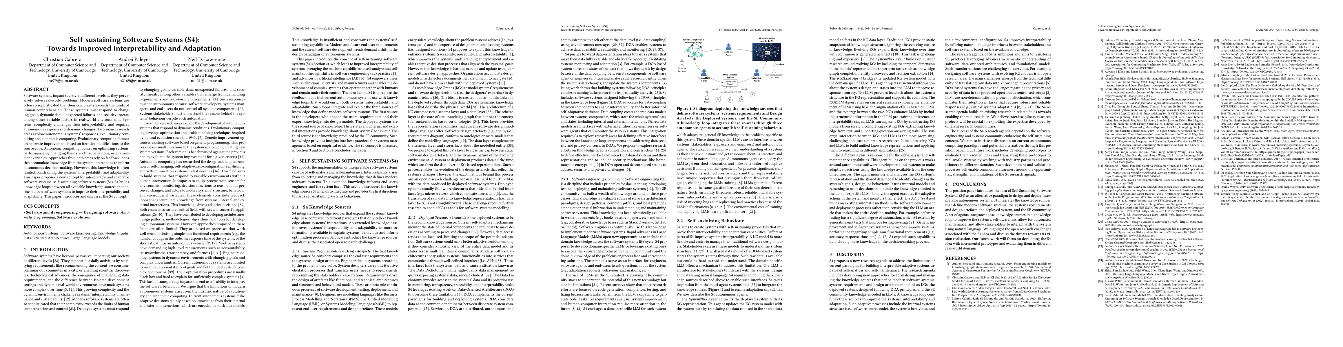 Thumbnail for Self-sustaining Software Systems (S4): Towards Improved Interpretability
  and Adaptation