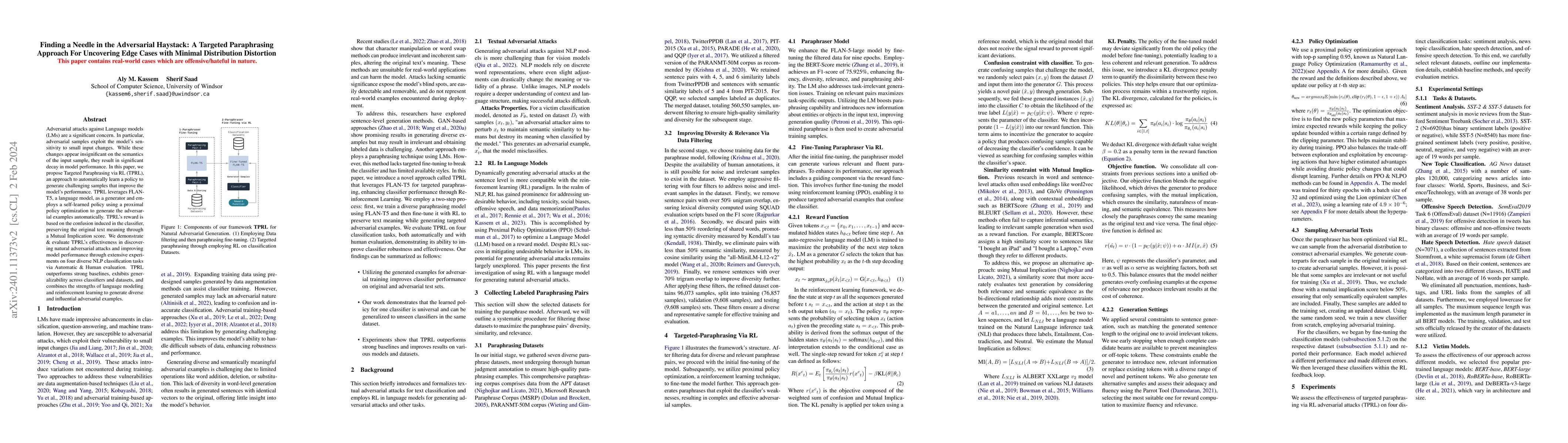 Thumbnail for Finding a Needle in the Adversarial Haystack: A Targeted Paraphrasing
  Approach For Uncovering Edge Cases with Minimal Distribution Distortion