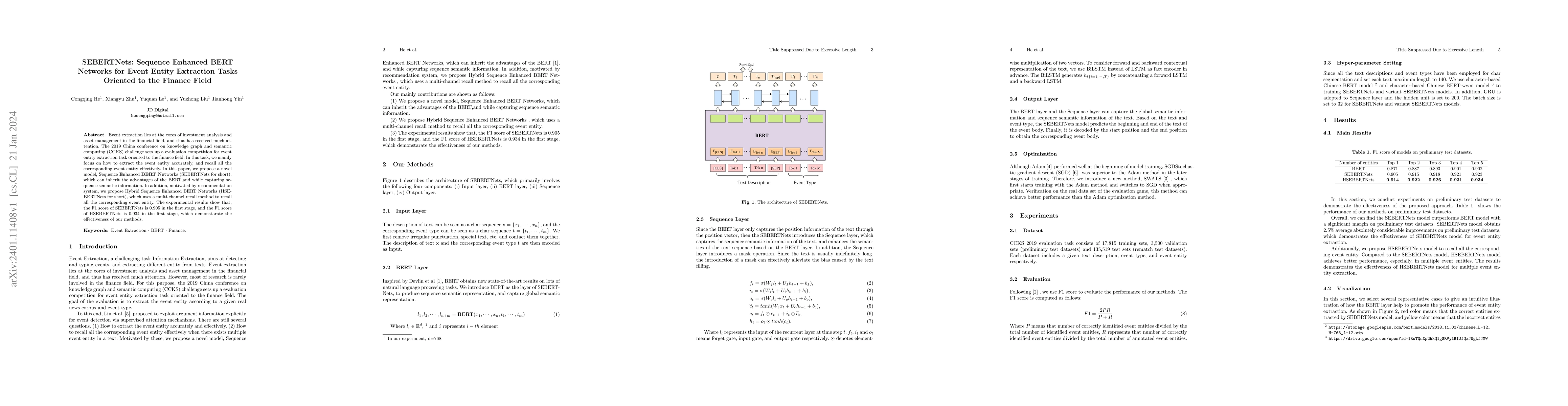 Thumbnail for SEBERTNets: Sequence Enhanced BERT Networks for Event Entity Extraction
  Tasks Oriented to the Finance Field