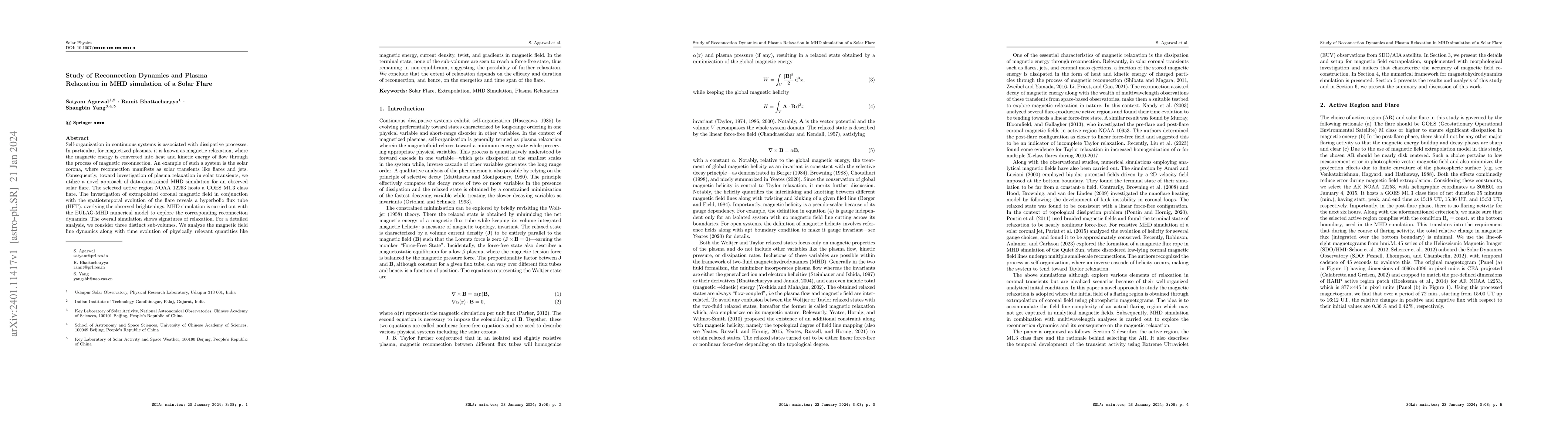 Thumbnail for Study of Reconnection Dynamics and Plasma Relaxation in MHD simulation
  of a Solar Flare
