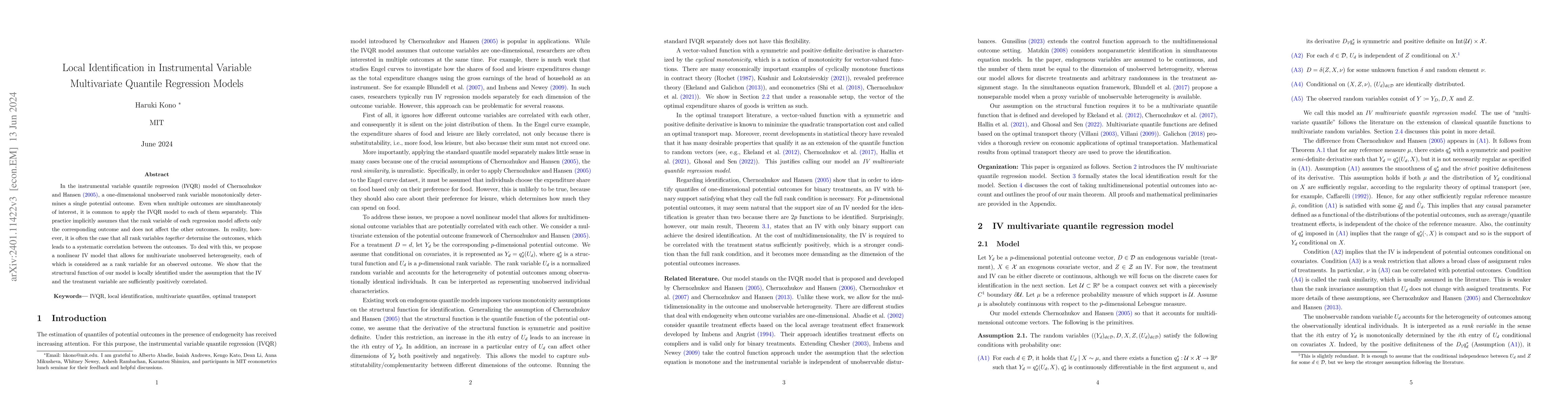 Thumbnail for Local Identification in Instrumental Variable Multivariate Quantile
  Regression Models