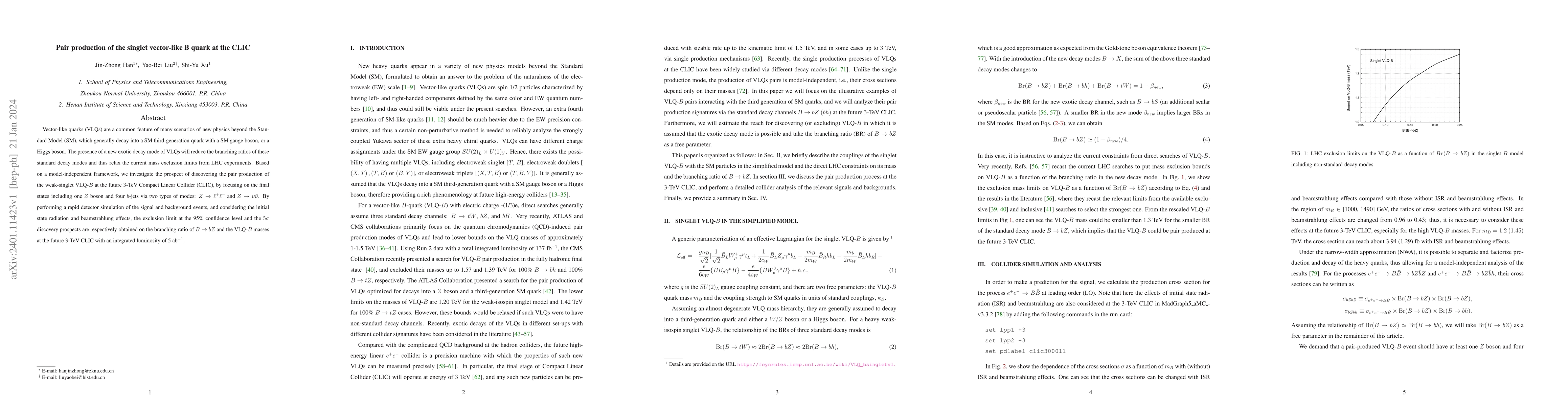 Thumbnail for Pair production of the singlet vector-like B quark at the CLIC