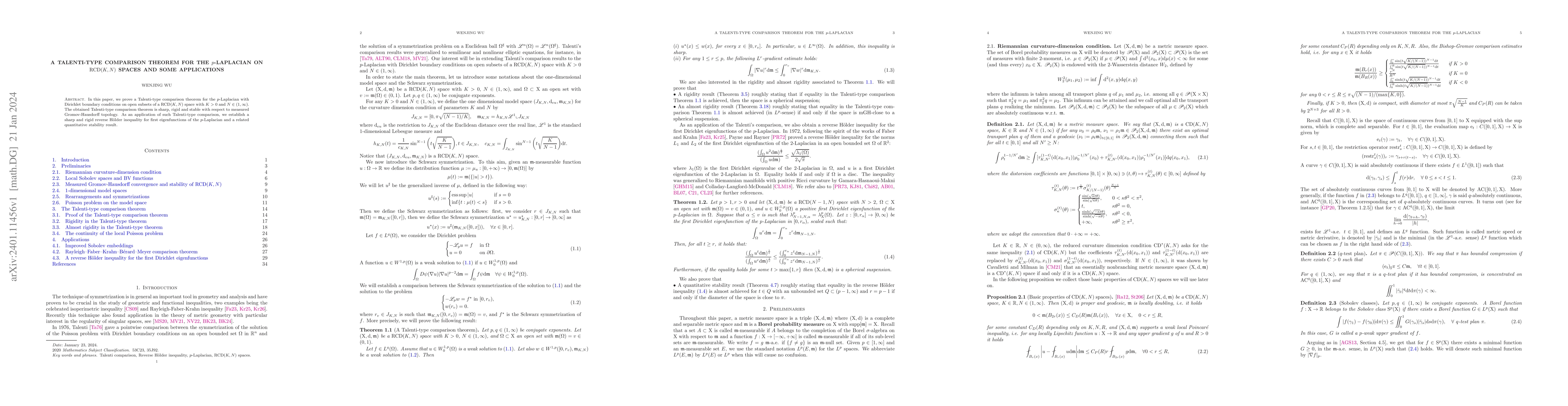 Thumbnail for A Talenti-type comparison theorem for the $p$-Laplacian on
  $\mathrm{RCD}(K,N)$ spaces and some applications