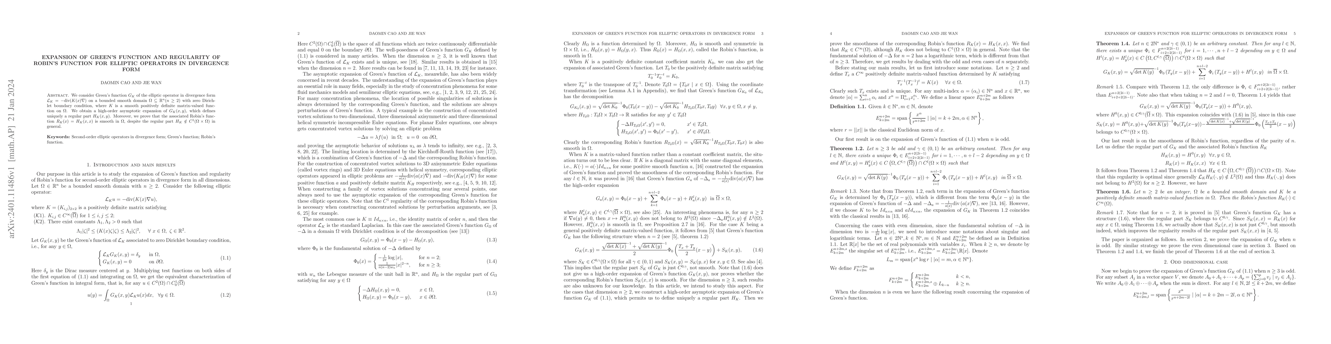 Thumbnail for Expansion of Green's function and regularity of Robin's function for
  elliptic operators in divergence form