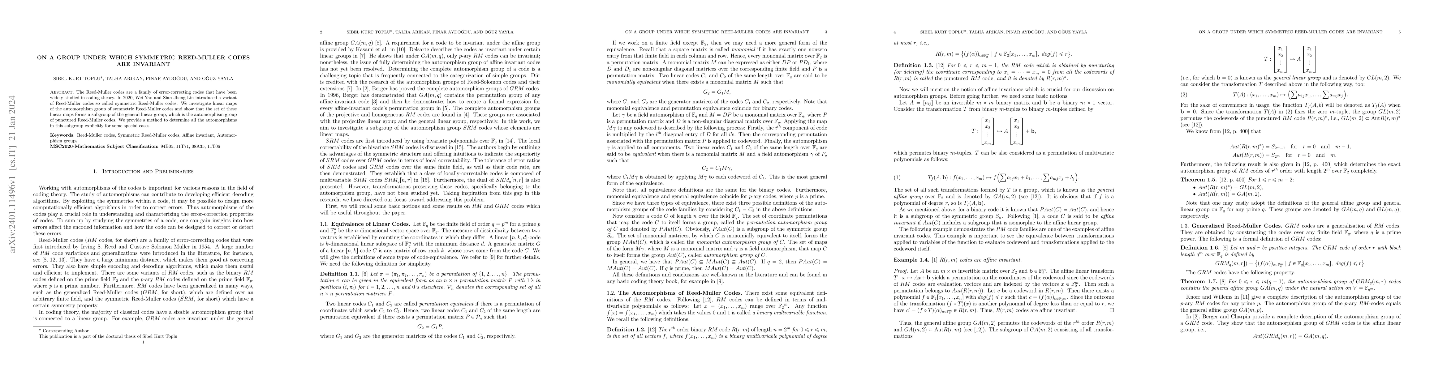 Thumbnail for On a Group Under Which Symmetric Reed-Muller Codes are Invariant