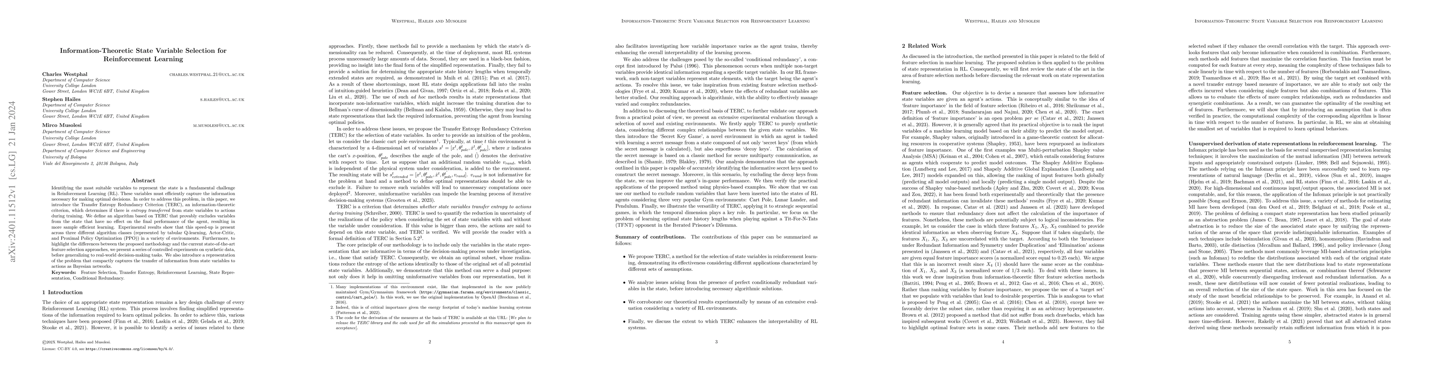 Thumbnail for Information-Theoretic State Variable Selection for Reinforcement
  Learning