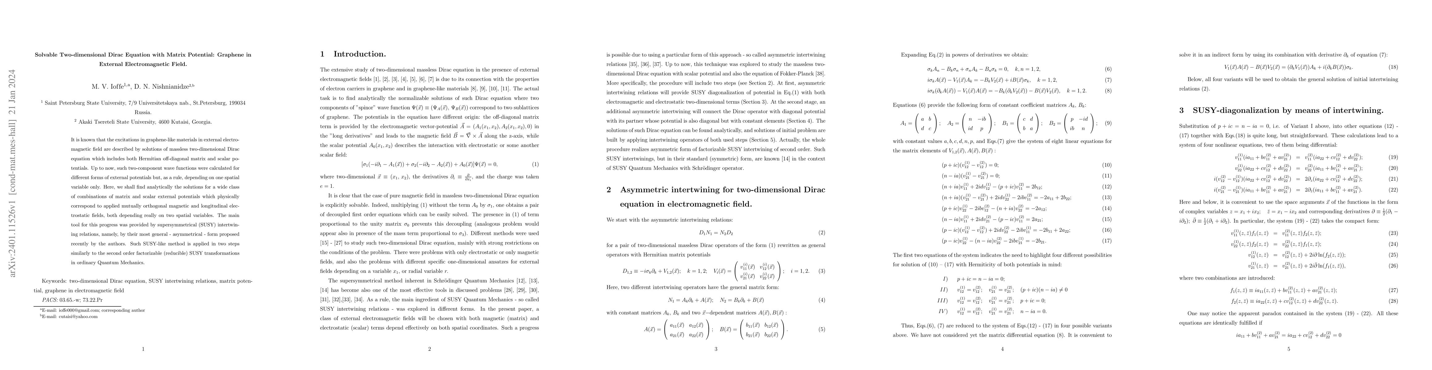 Thumbnail for Solvable Two-dimensional Dirac Equation with Matrix Potential: Graphene
  in External Electromagnetic Field