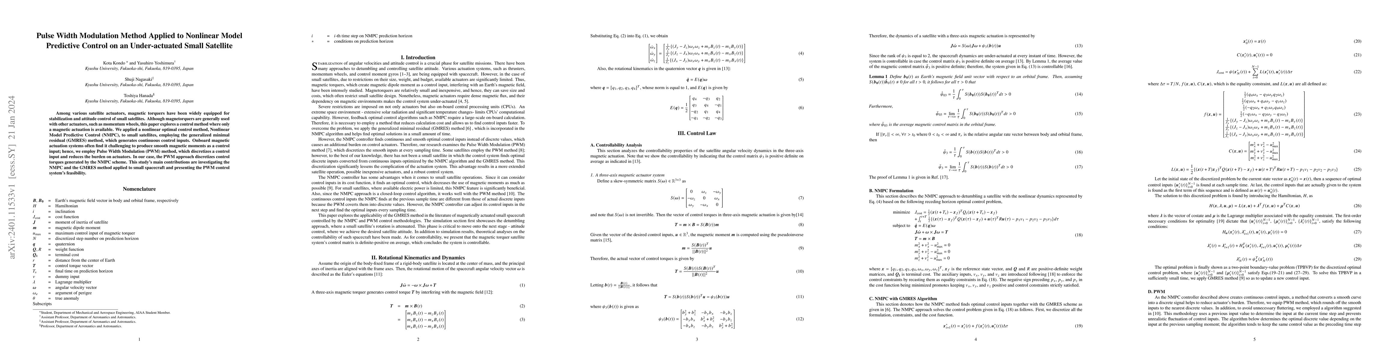 Thumbnail for Pulse Width Modulation Method Applied to Nonlinear Model Predictive
  Control on an Under-actuated Small Satellite