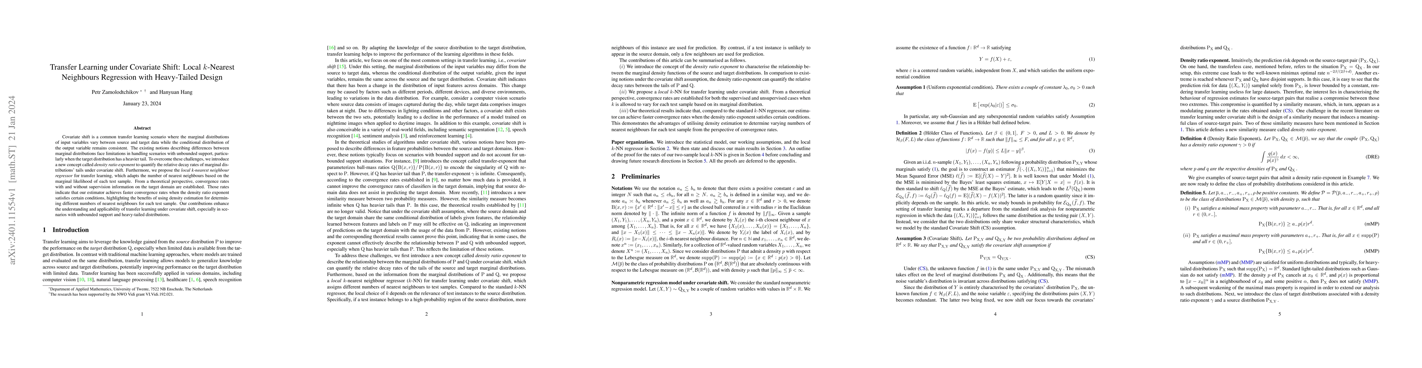 Thumbnail for Transfer Learning under Covariate Shift: Local $k$-Nearest Neighbours
  Regression with Heavy-Tailed Design