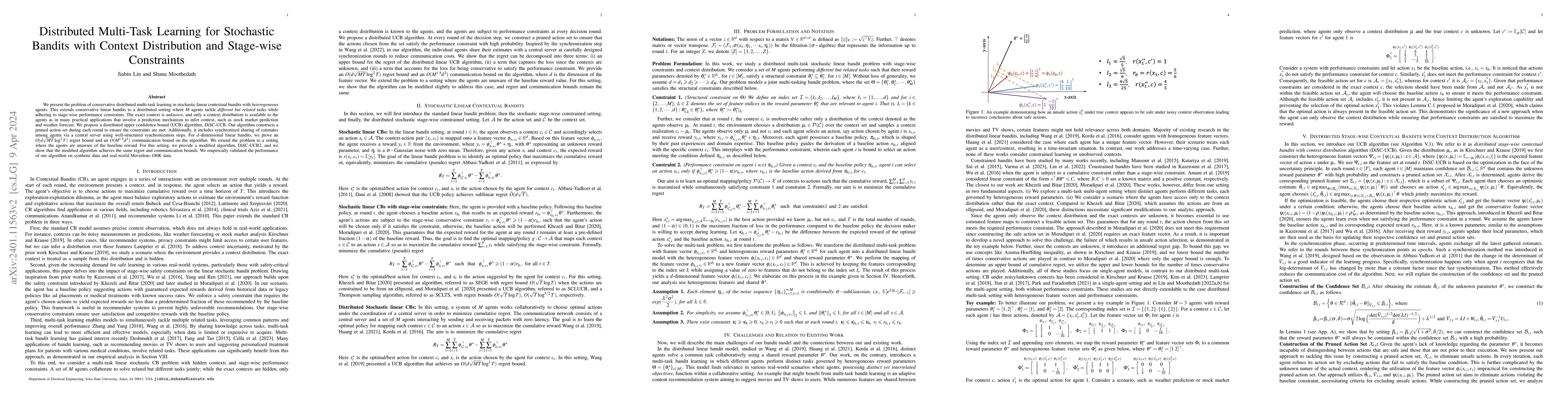 Thumbnail for Distributed Multi-Task Learning for Stochastic Bandits with Context
  Distribution and Stage-wise Constraints