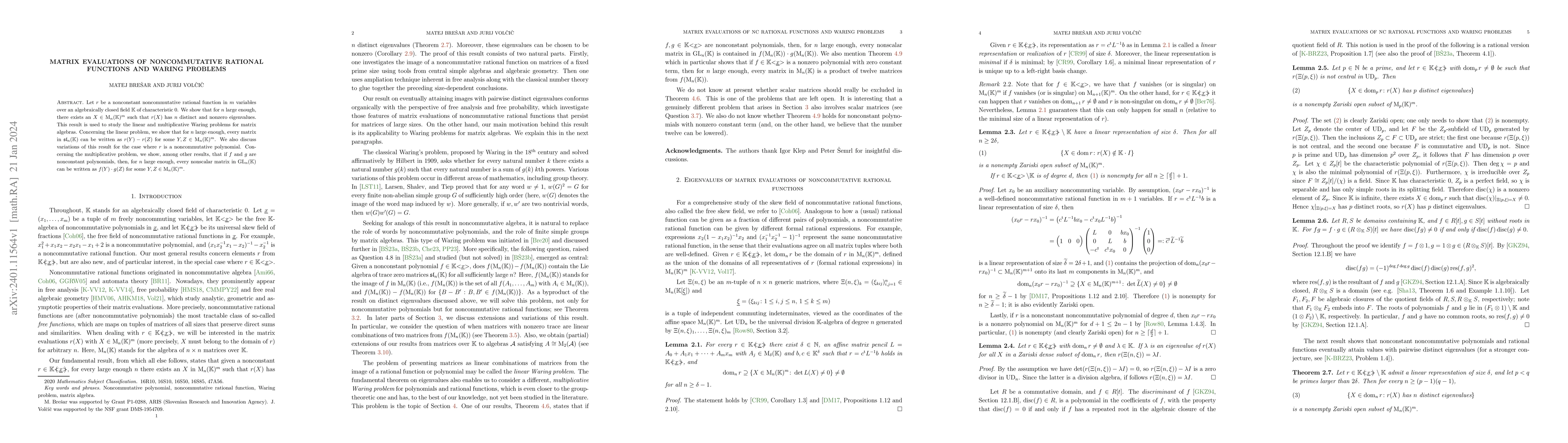 Thumbnail for Matrix evaluations of noncommutative rational functions and Waring
  problems