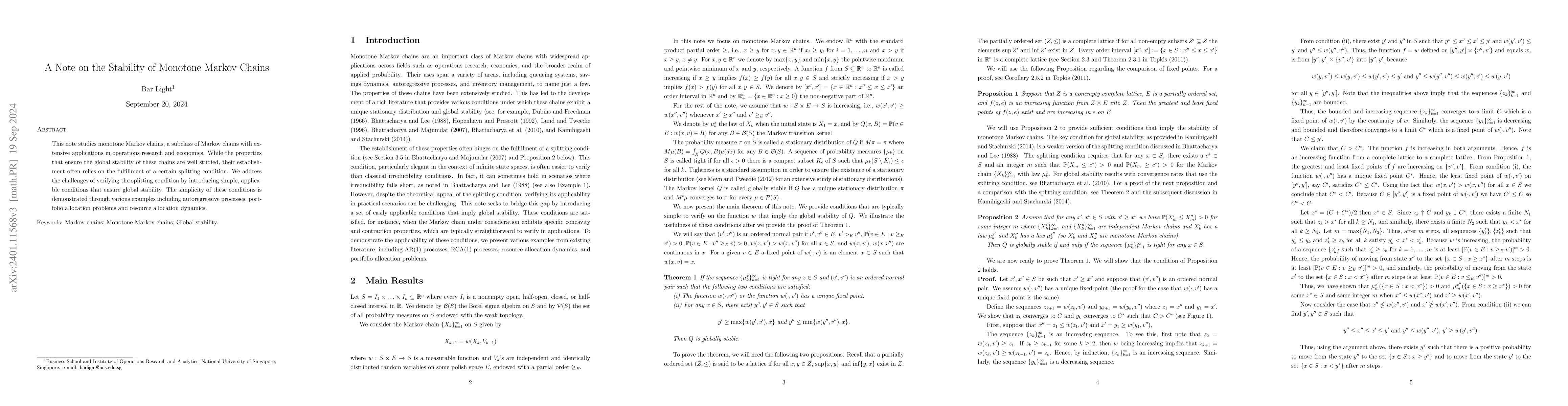 Thumbnail for A Note on the Stability of Monotone Markov Chains