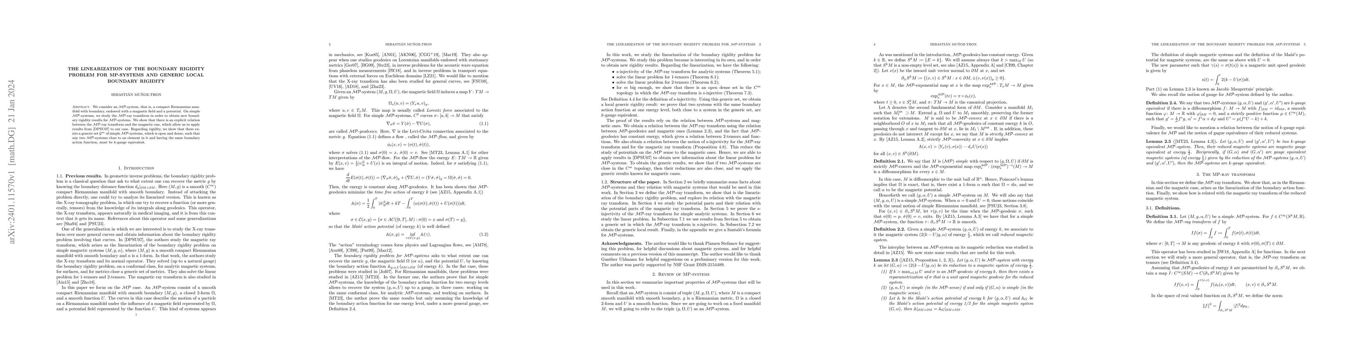 Thumbnail for The linearization of the boundary rigidity problem for MP-systems and
  generic local boundary rigidity